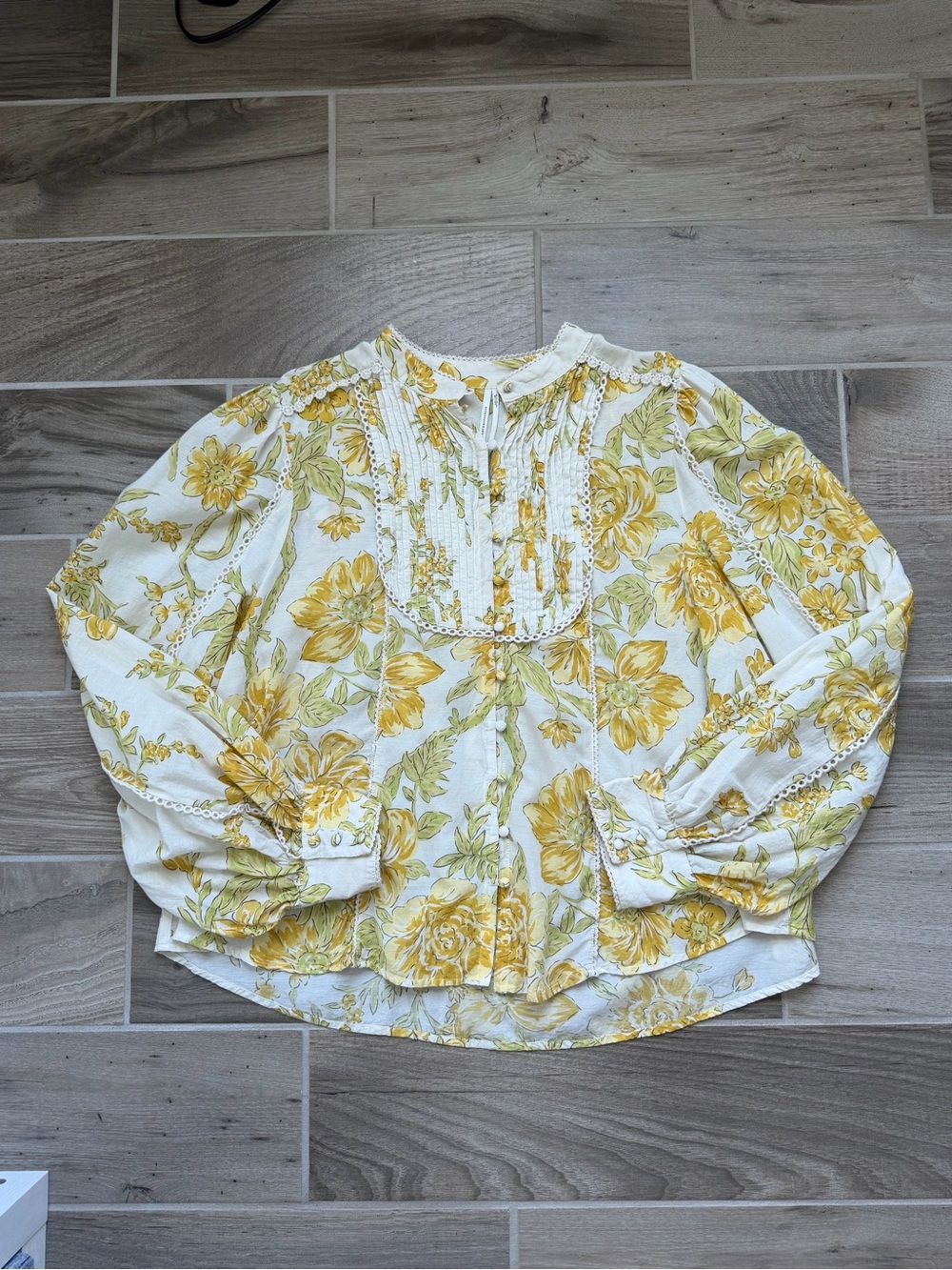 Peasant pintuck Anthropologie longsleeve yellow floral cottagecore buttondown XL